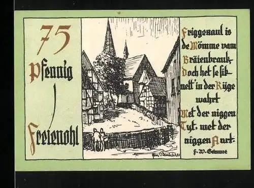 Notgeld Freienohl, 75 Pfennig, Illustration von Häusern und Text in deutscher Schrift