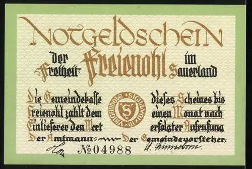 Notgeld Freienohl, 75 Pfennig, Illustration von Häusern und Text in deutscher Schrift