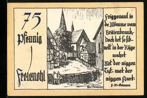 Notgeld Freienohl, 1921, 75 Pfennig, Zeichnung von Brücken und Fachwerkhäusern mit Text in Frakturschrift