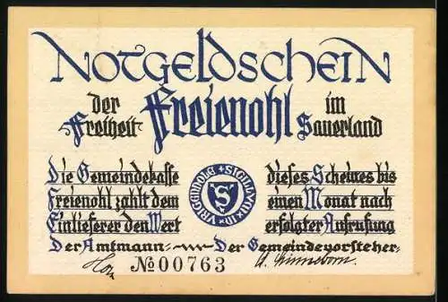 Notgeld Freienohl, 1921, 75 Pfennig, Zeichnung von Brücken und Fachwerkhäusern mit Text in Frakturschrift