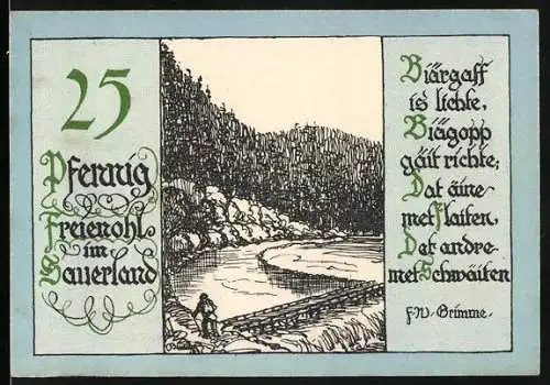 Notgeld Freienohl im Sauerland, 25 Pfennig, Waldszene mit Fluss und Gedicht, Seriennummer 00393