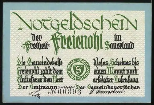 Notgeld Freienohl im Sauerland, 25 Pfennig, Waldszene mit Fluss und Gedicht, Seriennummer 00393