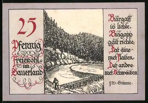 Notgeld Freienohl, 25 Pfennig, Ansicht einer Flusslandschaft mit Text und Siegel