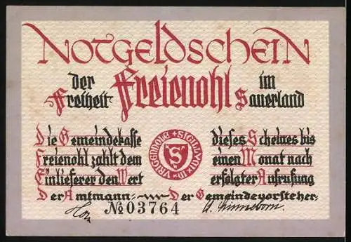 Notgeld Freienohl, 25 Pfennig, Ansicht einer Flusslandschaft mit Text und Siegel