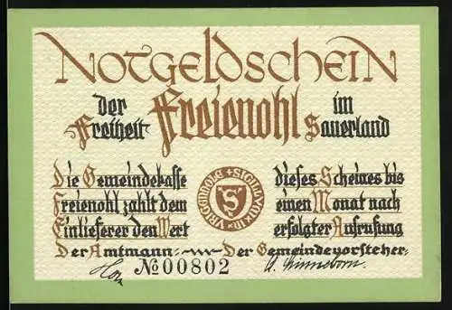 Notgeld Freienohl, 50 Pfennig, Der Freiheit Freienohl im Sauerland, grüne Umrandung, Haus auf einem Berg