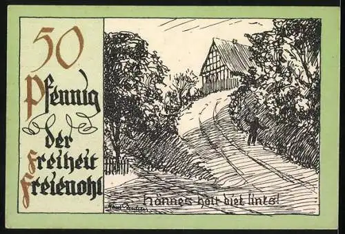 Notgeld Freienohl, 50 Pfennig, Der Freiheit Freienohl im Sauerland, grüne Umrandung, Haus auf einem Berg