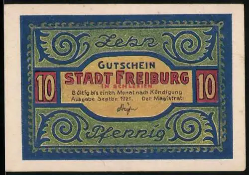 Notgeld Freiburg 1921, 10 Pfennig, Gutschein mit Adler und Uhr