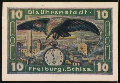 Notgeld Freiburg 1921, 10 Pfennig, Gutschein mit Adler und Uhr