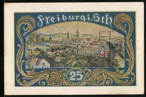 Notgeld Freiburg i. Sch., 1921, 25 Pfennig, Stadtansicht und Stadtwappen