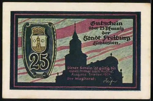 Notgeld Freiburg i. Sch., 1921, 25 Pfennig, Stadtansicht und Stadtwappen