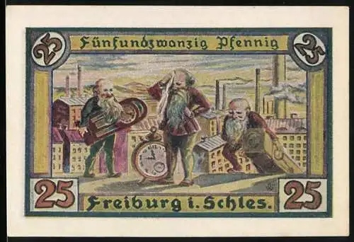 Notgeld Freiburg i. Schles., 1921, 25 Pfennig, Zwerge vor Fabrik und Stadtwappen