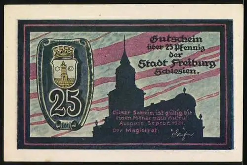 Notgeld Freiburg i. Schles., 1921, 25 Pfennig, Zwerge vor Fabrik und Stadtwappen