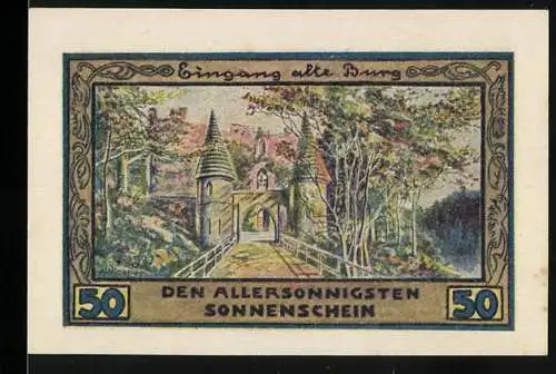 Notgeld Freiburg, 1921, 50 Pfennig, Ansicht einer Burg und Stadtansicht mit Türmen