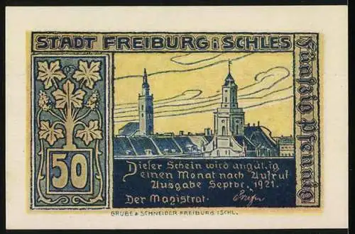 Notgeld Freiburg, 1921, 50 Pfennig, Ansicht einer Burg und Stadtansicht mit Türmen