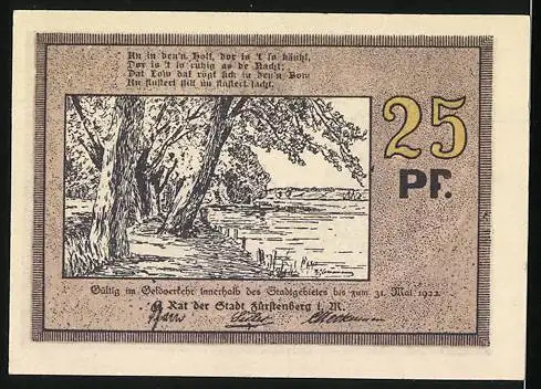 Notgeld Fürstenberg 1922, 25 Pfennig, Reuter Geld der Stadt mit Gebäude und Uferlandschaft