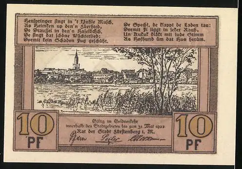 Notgeld Fürstenberg i.M., 1921, 10 Pf, Reutergeld mit Gebäude und Landschaftsillustration