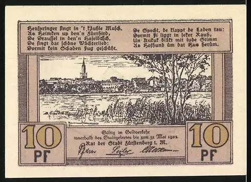 Notgeld Fürstenberg 1921, 10 Pfennig, Reutergeld mit Stadtansicht und poetischem Text