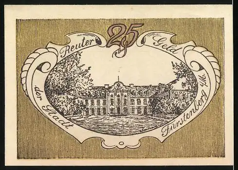 Notgeld Fürstenberg 1921, 25 Pf, Landschaft mit Bäumen und Gebäude, gültig bis 31. Mai 1922