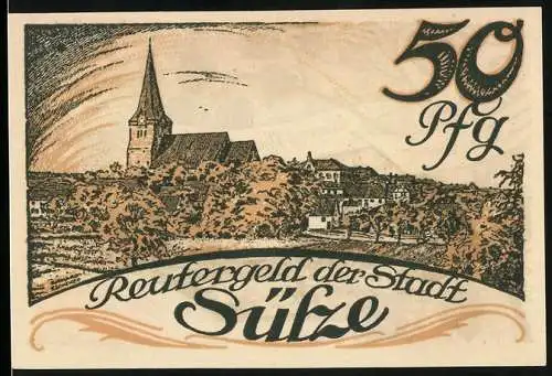 Notgeld Sülze, 1922, 50 Pfennig, Stadtansicht mit Kirche und Spruchband mit Bäumen