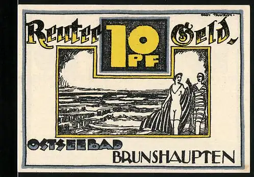 Notgeld Ostseebad Brunshaupten, 10 Pfennig, Reuter Geld mit Küstenszene und Segelboot, gültig bis 1922