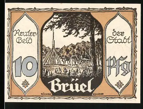 Notgeld Brüel, 1922, 10 Pfennig, Motiv mit Landschaft und Gedicht, gültig bis 30. April 1922