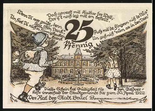 Notgeld Brüel, 1922, 25 Pfennig, Reutergeld mit Stadtansicht und Kinder vor Schloss