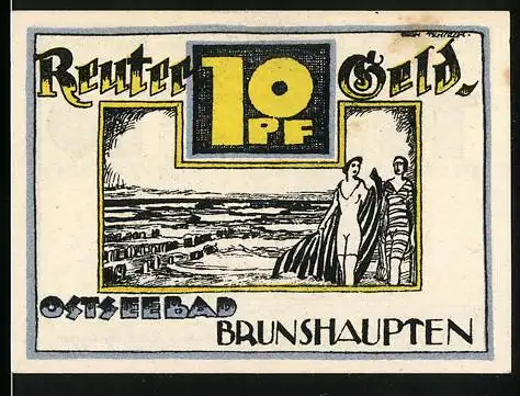 Notgeld Ostseebad Brunshaupten, 1922, 10 Pfennig, Badegäste am Strand und Segelboot im Fenster