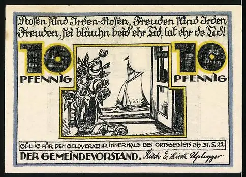 Notgeld Ostseebad Brunshaupten, 1922, 10 Pfennig, Badegäste am Strand und Segelboot im Fenster