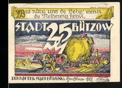 Notgeld Bützow, 1921, 25 Pfennig, bunte ländliche Landschaft mit Erntearbeit und Stadtansicht