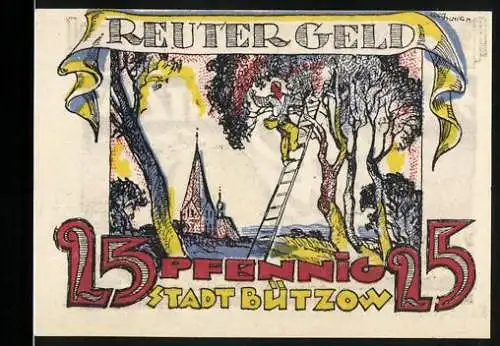 Notgeld Bützow, 1921, 25 Pfennig, Reutergeld mit bäuerlichem Motiv und Stadtlandschaft