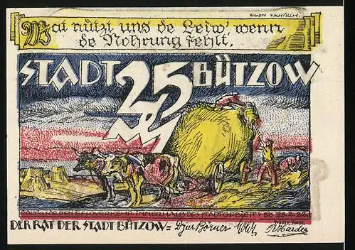 Notgeld Bützow, 1921, 25 Pfennig, Reutergeld mit bäuerlichem Motiv und Stadtlandschaft