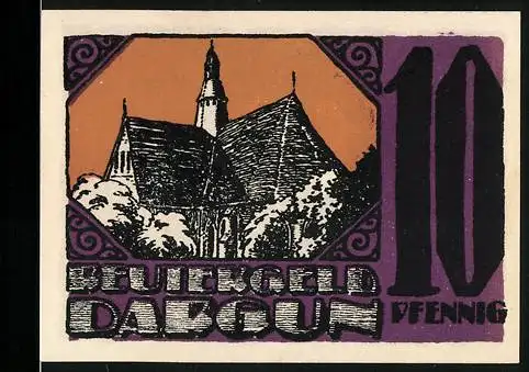 Notgeld Dargun, 1921, 10 Pfennig, Kirche und fliegende Vögel