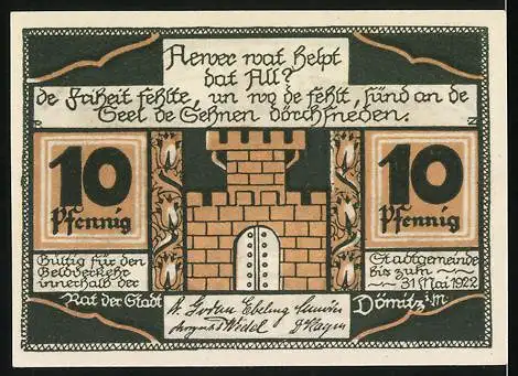 Notgeld Dömitz, 1922, 10 Pfennig, Reutergeld der Stadt mit Tor auf der Vorderseite