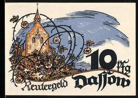 Notgeld Dassow, 1922, 10 Pfennig, Reutergeld mit Kirche und Möwen