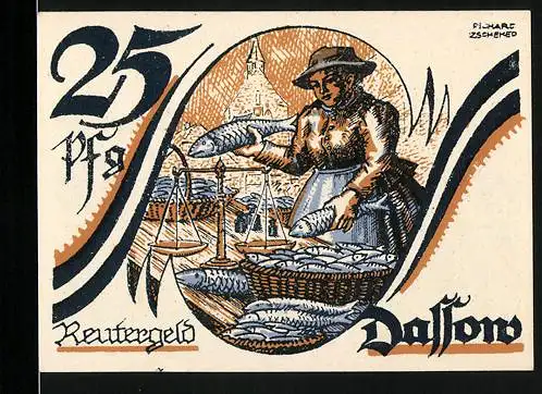 Notgeld Dassow 1922, 25 Pfennig, Fischverkäuferin und Fischerboote