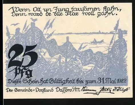 Notgeld Dassow, 1922, 25 Pfennig, Fischer und Marktverkäuferin mit Fischkörben