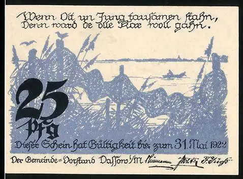 Notgeld Dassow 1921, 25 Pfennig, Fischerin und Küstenlandschaft, Gültig bis 31. Mai 1922