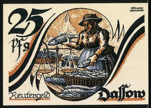 Notgeld Dassow 1921, 25 Pfennig, Fischerin und Küstenlandschaft, Gültig bis 31. Mai 1922