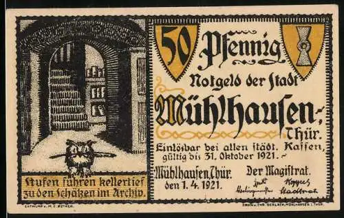 Notgeld Mühlhausen 1921, 50 Pfennig, Stufen führen kellertief zu den Schätzen im Archiv