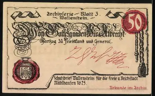 Notgeld Mühlhausen 1921, 50 Pfennig, Stufen führen kellertief zu den Schätzen im Archiv