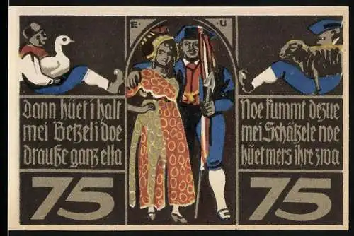 Notgeld Rothenburg, 1921, 75 Pfennig, Schäfer mit Schafherde und Stadtansicht, Liebespaar mit Sprüchen