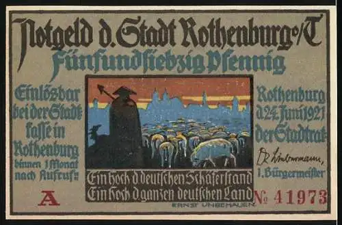 Notgeld Rothenburg, 1921, 75 Pfennig, Schäfer mit Schafherde und Stadtansicht, Liebespaar mit Sprüchen