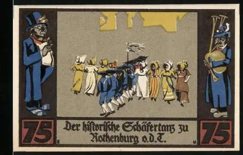 Notgeld Rothenburg o.d.T., 1921, 75 Pfennig, Der historische Schäfertanz und Schäfer mit Herde