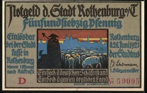 Notgeld Rothenburg o.d.T., 1921, 75 Pfennig, Der historische Schäfertanz und Schäfer mit Herde