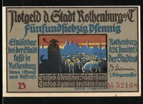 Notgeld Rothenburg, 1921, 75 Pfennig, Schäfer mit Schafen und Ober-Schäfer Illustration