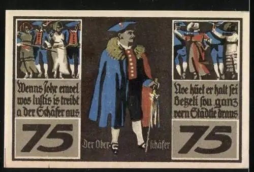 Notgeld Rothenburg, 1921, 75 Pfennig, Schäfer mit Schafen und Ober-Schäfer Illustration