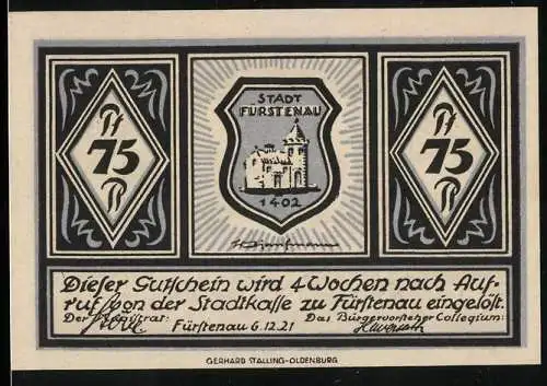 Notgeld Fürstenau, 1921, 75 Pfennig, Stadtmotiv und Stadtwappen auf beiden Seiten