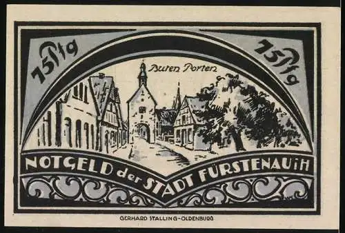 Notgeld Fürstenau, 1921, 75 Pfennig, Stadtmotiv und Stadtwappen auf beiden Seiten