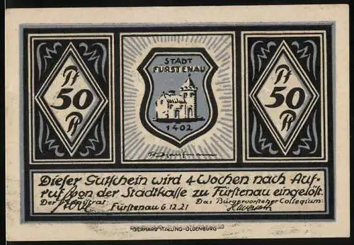 Notgeld Fürstenau, 1921, 50 Pf, Darstellung des Stadtsiegels und Schlosses