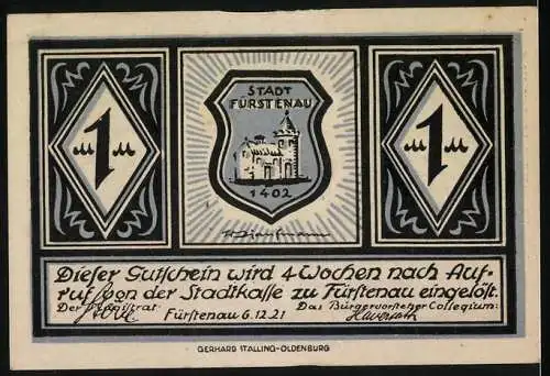 Notgeld Fürstenau, 1921, 1 Mark, Schloss 1553 und Stadtwappen 1402, Gerhard Stalling-Oldenburg